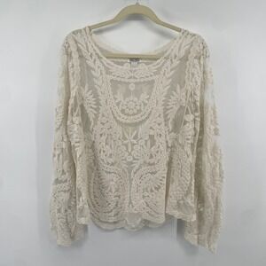 Soho Girls Blouse Womens One Size Ivory Sheer Embroidered Mesh Boho Top